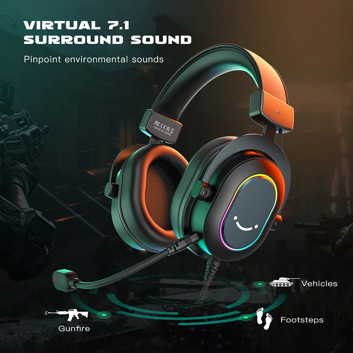 Ultimate Dynamic RGB Gaming Headset - 7.1 Surround Sound with Mic for PC, PS4, PS5 | 3 EQ Modes for Gaming, Movies & Music