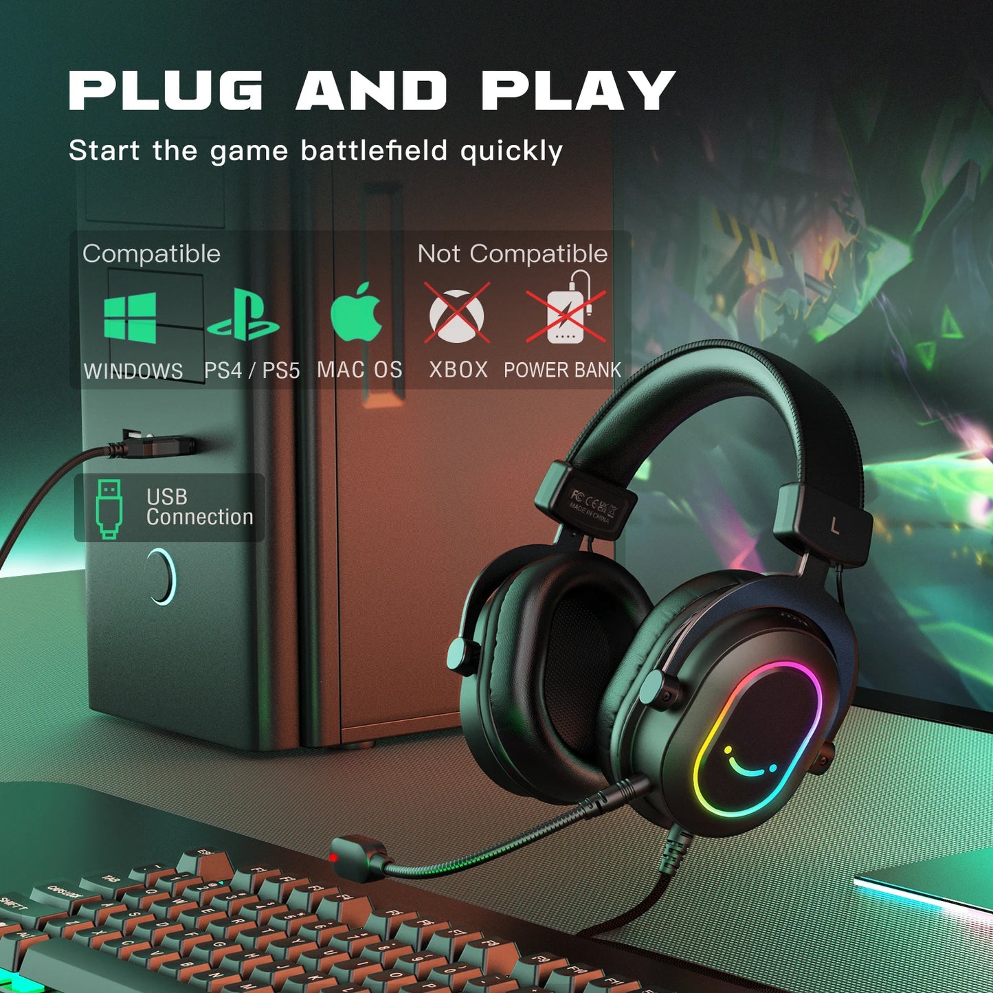 Ultimate Dynamic RGB Gaming Headset - 7.1 Surround Sound with Mic for PC, PS4, PS5 | 3 EQ Modes for Gaming, Movies & Music