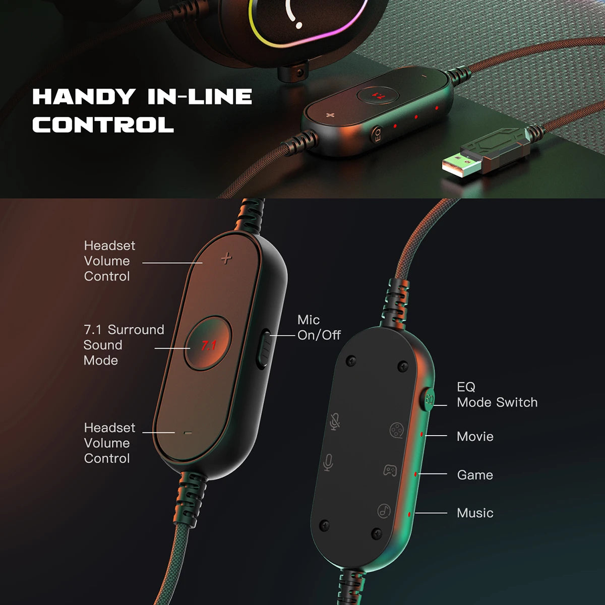 Ultimate Dynamic RGB Gaming Headset - 7.1 Surround Sound with Mic for PC, PS4, PS5 | 3 EQ Modes for Gaming, Movies & Music