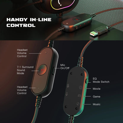 Ultimate Dynamic RGB Gaming Headset - 7.1 Surround Sound with Mic for PC, PS4, PS5 | 3 EQ Modes for Gaming, Movies & Music